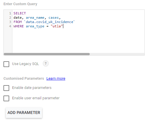 The custom query screen within Google Data Studio, in which the user can provide a query to bring in data from BigQuery