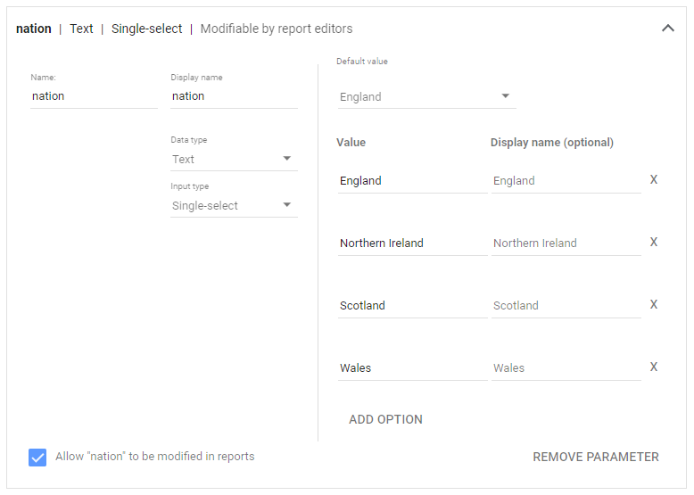 A parameter in the custom query editor of Google Data Studio, demonstrating how the user can limit the input to specific values (in this case UK nations)